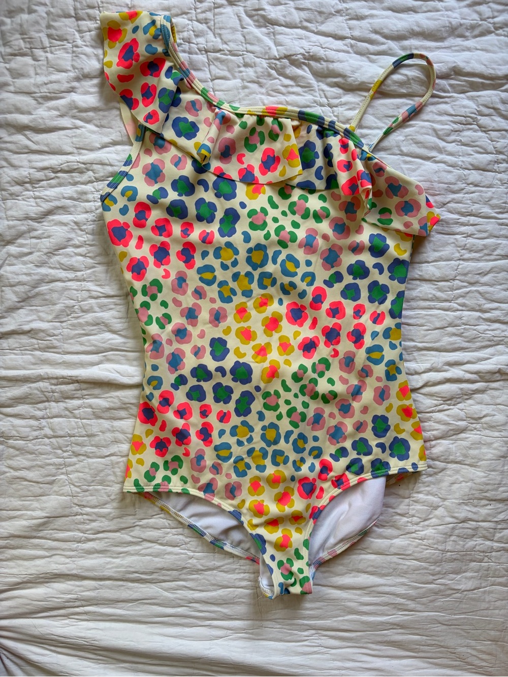 Mini Boden One-Shoulder Ruffle Swimsuit in Neon Leopard Print